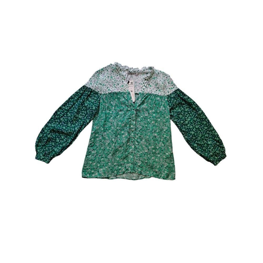 Zara Button Front Top Multi Mint Green White Floral Medium